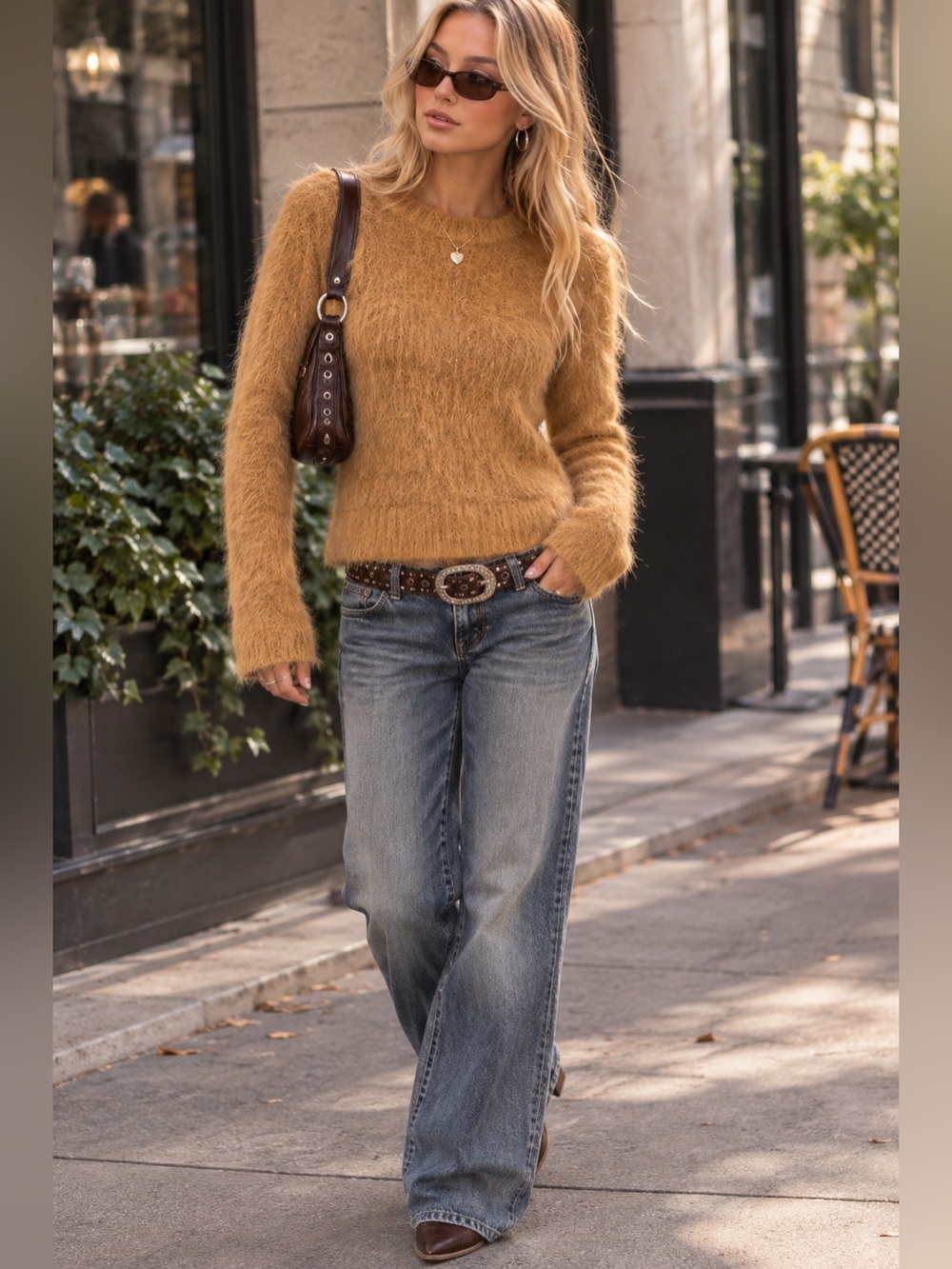 Fuzzy Crewneck Sweater in Camel — Soft Long-Sleeve Knit